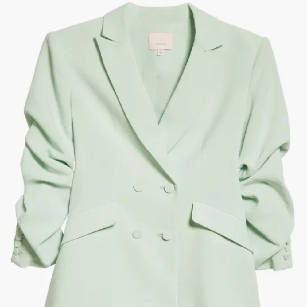 NWT Cinq A Sept Kris Ruched Sleeve Double Breasted Blazer in Celadon
